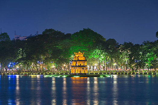 庙宇,塔,夜晚,还剑湖,河内,越南,亚洲