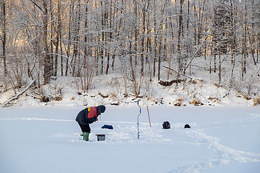 风景,钓鱼,男人,积雪,冰冻,湖