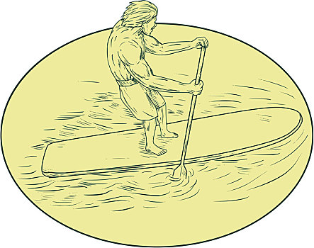 冲浪,纨绔子弟,站立,船桨,椭圆,绘画