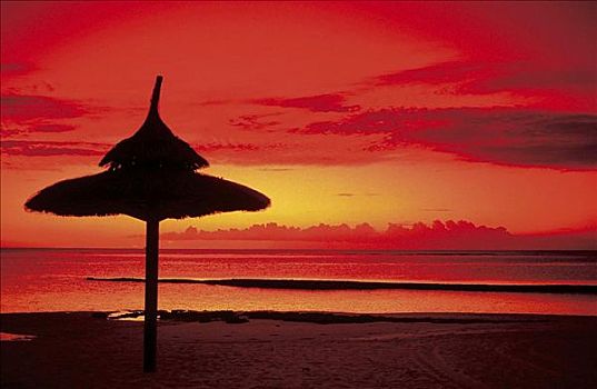 毛里求斯,西北地区,海滩,遮阳伞,日落,假日
