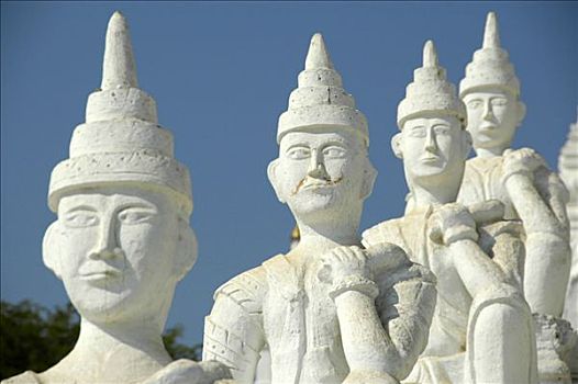 白色,小雕像,排列,一个,仰视,正面,佛教寺庙,明宫,靠近,曼德勒,缅甸,东南亚