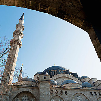 仰视,清真寺,蓝天,伊斯坦布尔,土耳其