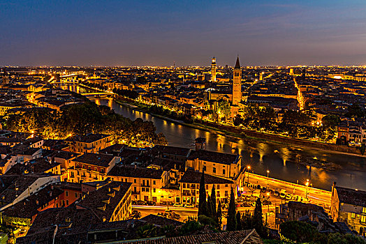 风景,黄昏,山,老城,河,罗马桥,维罗纳,威尼托,意大利,欧洲