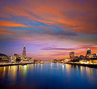 伦敦,天际线,日落,市政厅,金融,泰晤士河