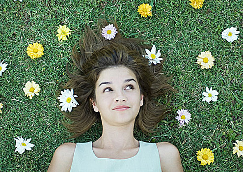 女人,躺着,草,花,散开,头部