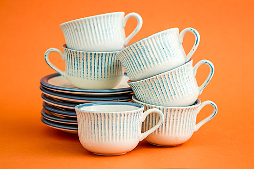 经典,白色,蓝色,咖啡杯,橙色背景