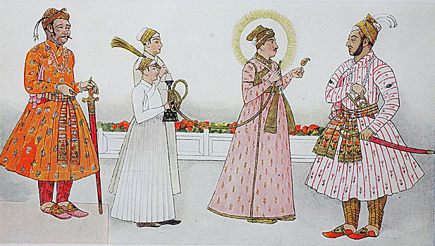 衣服,时尚,印度,左边,尺子,17世纪,沙阿,两个,佣人,王子,插画,亚洲