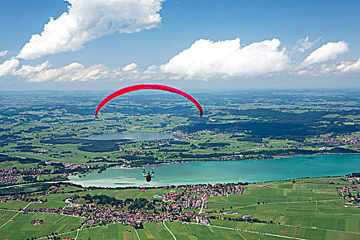 滑翔伞,滑行,山,上方,湖,巴伐利亚,德国,欧洲