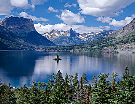 美国,蒙大拿,冰川国家公园,积云,流动,上方,圣玛丽湖,大雁,岛屿,大幅,尺寸