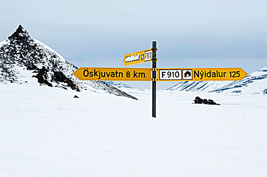 积雪,路标,冬季风景,冰河,冰岛,高地,欧洲