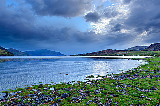 草,海岸线,生动,云,日出,苏格兰,海岸,靠近,艾琳多南古堡