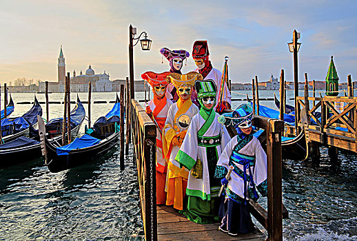 掩饰,人,威尼斯,面具,人行道,泻湖,后面,岛屿,圣乔治奥,狂欢,意大利,欧洲