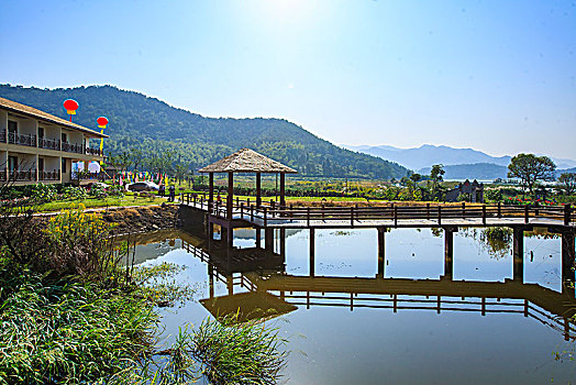 小木屋,桥,水面,小溪