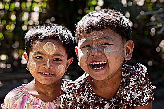 缅甸,乡村,孩子,脸,装饰,防晒霜,地面,若开邦