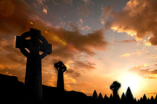 凯尔特十字架,宗教,象征,形状,上方,日落,天空