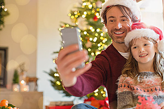 微笑,父亲,女儿,圣诞帽,拍照手机