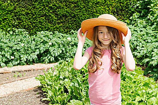 女孩,戴着,草帽,花园