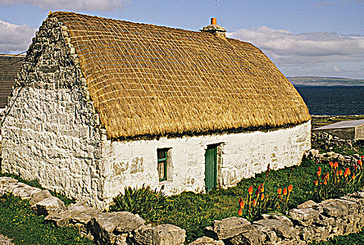 爱尔兰,康纳玛拉,阿伦群岛,茅草屋顶,房子