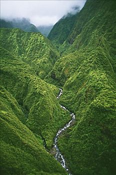 夏威夷,毛伊岛,山谷,瀑布,河流,航拍