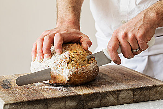 特写,做糕点,切片,新鲜,烘制,长条面包,面包刀