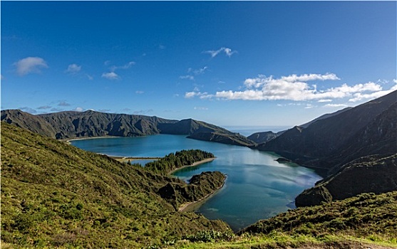 漂亮,风景,湖,火山口,火山,遮盖,树林