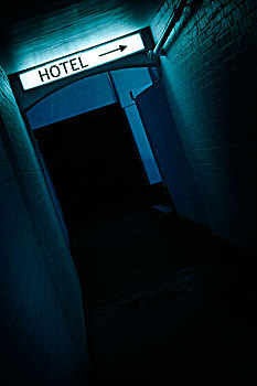 蓝色,霓虹,酒店,标识,暗色,小巷,夜晚,小溪口,多西特,英国