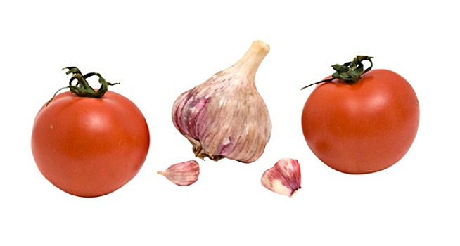 两个,西红柿,蒜,隔绝,白色背景,背景