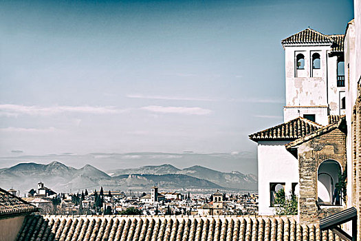 轩尼洛里菲花园,颐和园,远眺,城市,格拉纳达,安达卢西亚,西班牙,欧洲