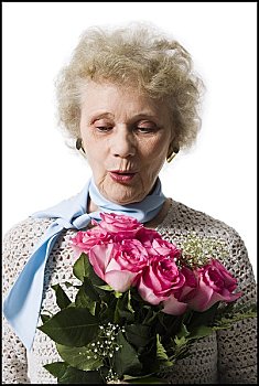 老女人,花束,粉色,玫瑰