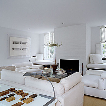 设计师,客厅,壁炉,白色,软垫,家具