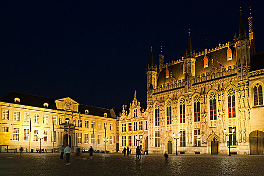 光亮,城堡,夜晚,历史,中心,布鲁日,世界遗产,比利时,欧洲