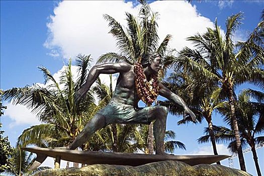 雕塑,一个,男人,冲浪板,怀基基海滩,檀香山,瓦胡岛,夏威夷,美国