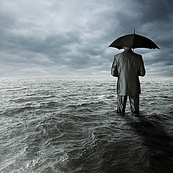 商务,沮丧,概念,男人,黑色,伞,海洋,聚焦