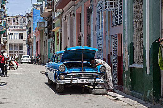 老爷车,修理,老城,哈瓦那,古巴