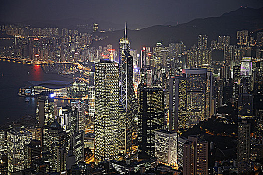 中国,香港,维多利亚港,市中心,天际线,夜晚
