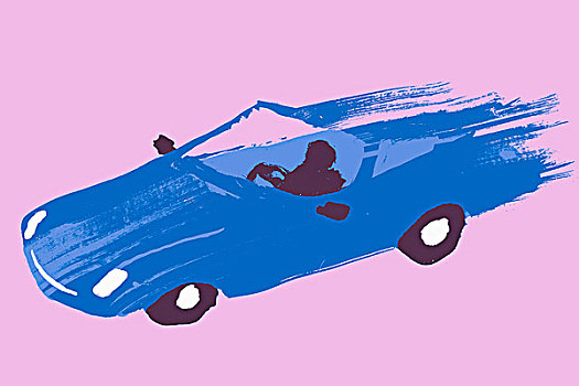 插画,图像,人,驾驶,蓝色,跑车,紫色背景