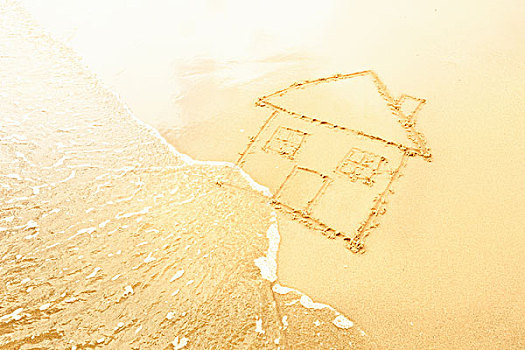 房子,沙子,洗,波浪