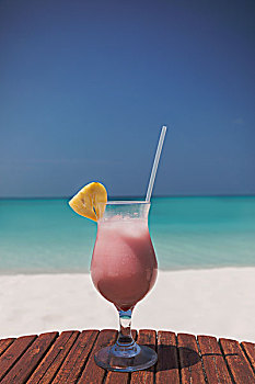 粉色,鸡尾酒,菠萝片,吸管,晴朗,热带,海滩