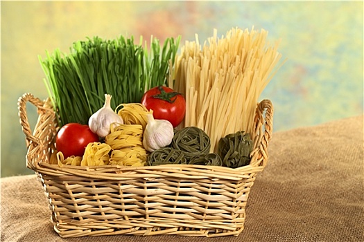 生食,意大利干面条,篮子,西红柿,蒜