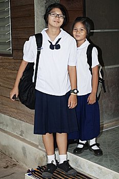 两个,姐妹,戴着,校服,省,泰国
