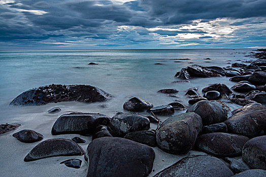 石头,海滩,日落,罗弗敦群岛,挪威,欧洲