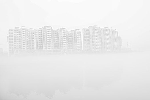 建筑群,高楼,河,雾,海市蜃楼,倒影