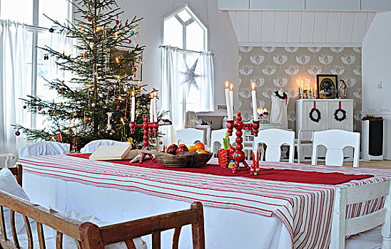 红色,白色,斯堪的纳维亚,安放,餐桌,正面,装饰,圣诞树