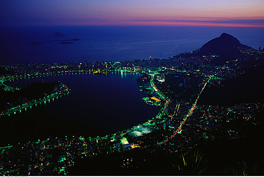 俯视,沿岸城市,夜晚,里约热内卢,巴西