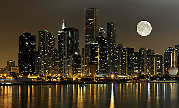夜景,阿奥中心,两个,谨慎的,广场,塔,天际线,密歇根湖,满月,芝加哥,伊利诺斯,美国,北美