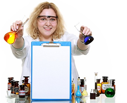 化学家,女人,玻璃器皿,长颈瓶,写字板,隔绝