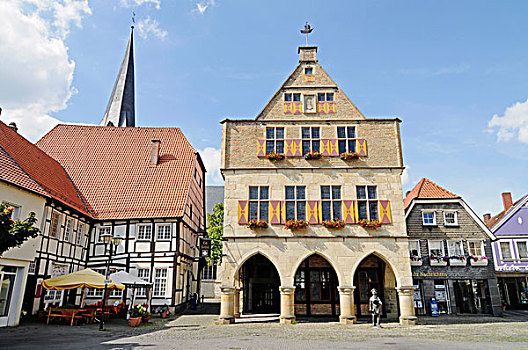 市政厅,市场,教堂,半木结构,建筑,历史,老,城镇,韦尔纳,地区,北莱茵威斯特伐利亚,德国,欧洲