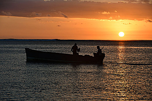 日落,小,渔船,毛里求斯