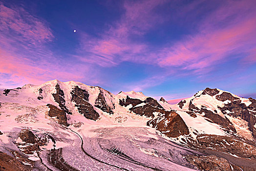 顶峰,日出,冰河,前景,休憩之所,恩加丁,格劳宾登,瑞士,欧洲