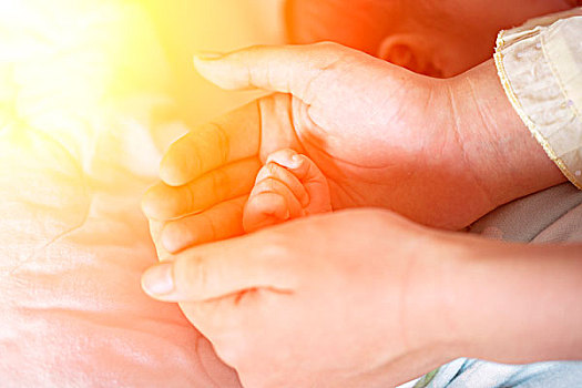 婴儿的手在母亲手中,爱和家庭的概念,母亲和婴儿的特写镜头